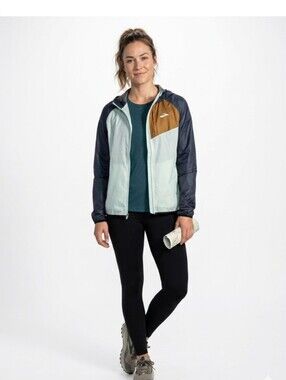 Brooks Run Happy Colorblock Hooded Running Jacket - Mint, Navy & Tan